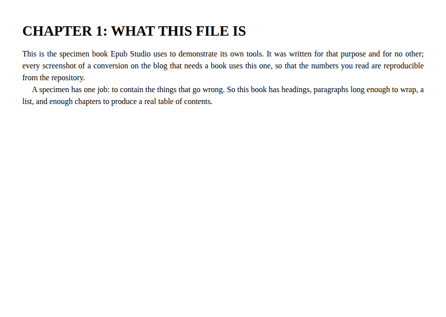 The extracted file chapter-002.xhtml open in Chromium: the heading "CHAPTER 1: WHAT THIS FILE IS" over two justified paragraphs with first-line indents — the book's own stylesheet applied straight from disk.