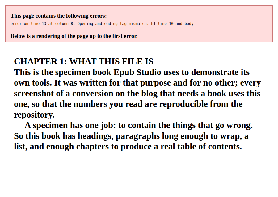 Chromium refusing the edited chapter: a red banner reading "This page contains the following errors: error on line 13 at column 8: Opening and ending tag mismatch: h1 line 10 and body", followed by "Below is a rendering of the page up to the first error."