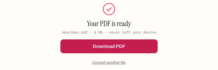 The EPUB to PDF tool's finished state after converting our specimen book: "Your PDF is ready", with the download button.