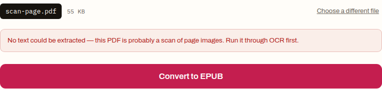 The PDF to EPUB converter showing scan-page.pdf, 55 KB, rejected with the error message "No text could be extracted — this PDF is probably a scan of page images. Run it through OCR first." above the Convert to EPUB button.