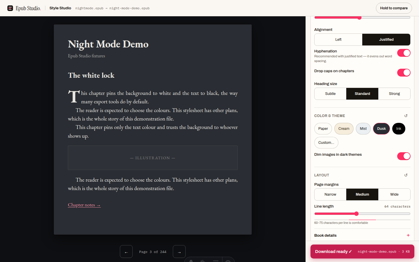 Style Studio in the browser with nightmode.epub loaded, shown as 'nightmode.epub → night-mode-demo.epub' in the header. The live preview page is dark slate with light serif text showing the chapter 'The white lock' with a drop cap. In the settings column the Dusk theme chip is selected among Paper, Cream, Mist, Dusk, Ink. The bottom-right button reads 'Download ready ✓ night-mode-demo.epub · 3 KB'.