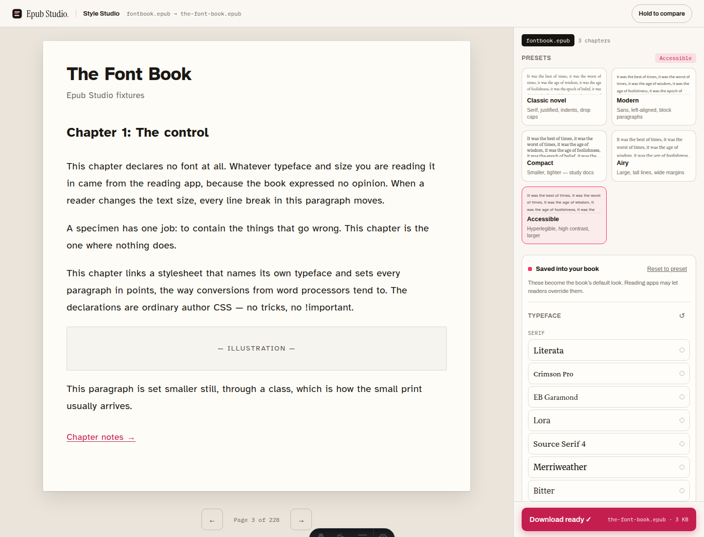 Style Studio in the browser with fontbook.epub loaded, shown as 'fontbook.epub → the-font-book.epub' in the header. The preview shows 'The Font Book' with chapter one in large sans-serif type. In the settings column the Accessible preset card is selected and a Typeface list shows Literata, Crimson Pro, EB Garamond, Lora, Source Serif 4, Merriweather, Bitter. The bottom-right button reads 'Download ready ✓ the-font-book.epub · 3 KB'.