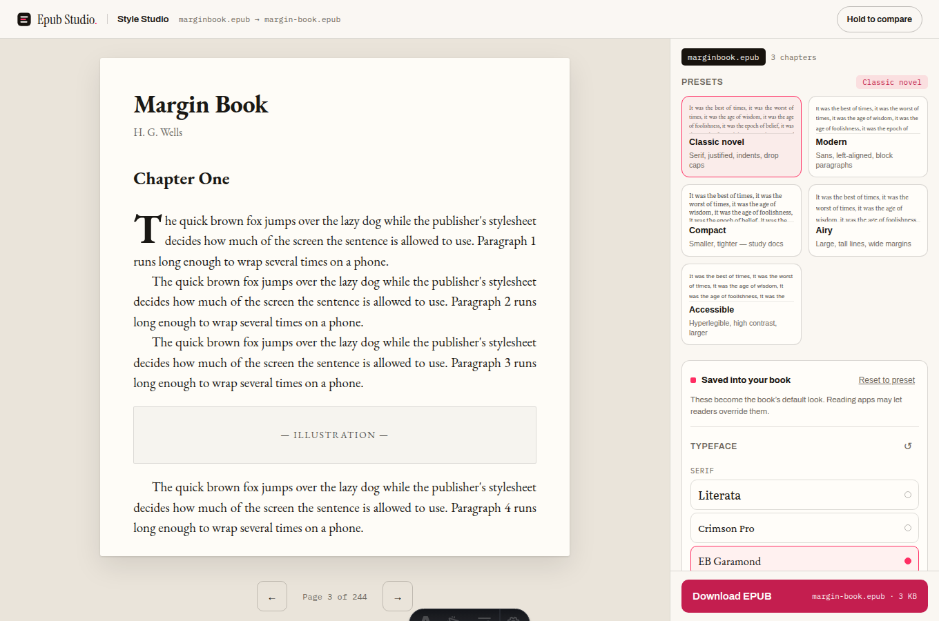 Style Studio with marginbook.epub open: the header reads 'marginbook.epub → margin-book.epub', a sidebar shows the Classic novel preset selected among Modern, Compact, Airy and Accessible, the live preview renders the book's own paragraphs as a styled page, and the download button reads 'margin-book.epub · 3 KB'.