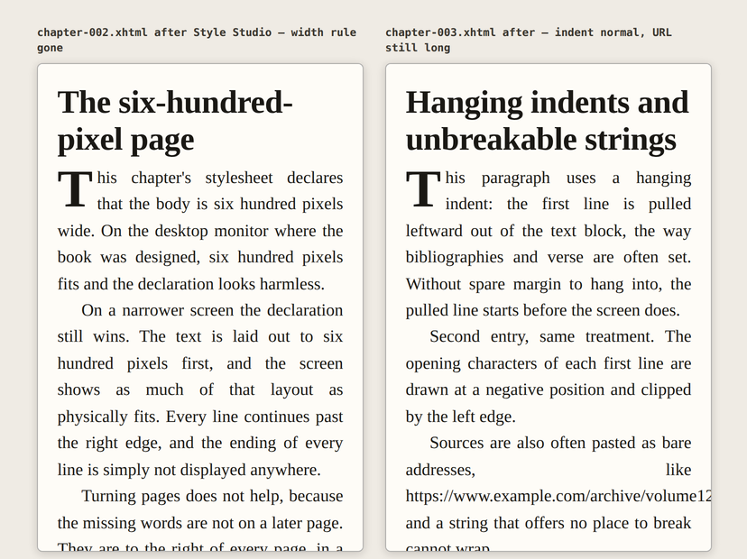 Two cream phone-width panels. Left, 'chapter-002.xhtml after Style Studio — width rule gone': the six-hundred-pixel chapter now set in justified serif type with a drop cap, every line wrapping inside the panel. Right, 'chapter-003.xhtml after — indent normal, URL still long': the hanging-indent paragraphs now start with their full first words visible, but the line carrying the https address still runs off the right edge.