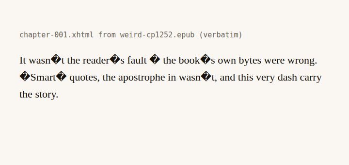 A rendered chapter in which every special character has become a black diamond replacement character: "It wasn�t the reader�s fault � the book�s own bytes were wrong. �Smart� quotes, the apostrophe in wasn�t, and this very dash carry the story."