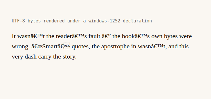 A paragraph rendered in a browser under a wrong encoding declaration reads: "It wasnâ€™t the readerâ€™s fault â€” the bookâ€™s own bytes were wrong. â€œSmart... quotes, the apostrophe in wasnâ€™t, and this very dash carry the story." Every apostrophe and dash has become a three-symbol cluster, and the closing quote after Smart is an empty dotted box.