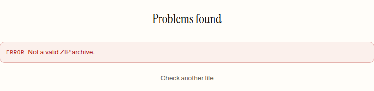 The EPUB validator's report on a text file renamed to .epub: the heading "Problems found" and one ERROR line reading "Not a valid ZIP archive."