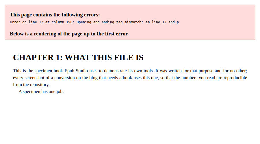 Chromium rendering the edited chapter with a red error banner reading 'error on line 12 at column 198: Opening and ending tag mismatch: em line 12 and p', followed by the chapter cut off after the words 'A specimen has one job:'